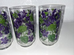 Set Of 8 Libbey Glasses Vintage Tumblers Purple Violet Flowers Green Leaves – 5″