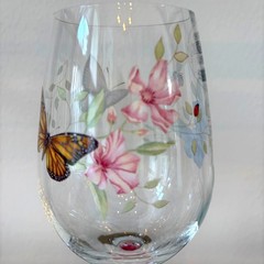 Lenox Butterfly Meadow Wine Glass Set of 2 Pink Stem Spring Floral Barware NEW