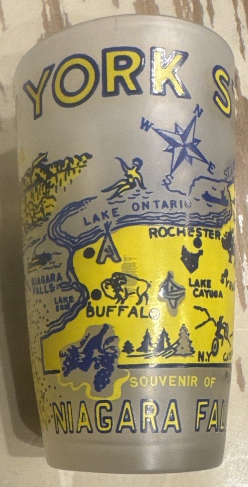 New York State Map Souvenir Frosted Drinking Glass Tumbler Vintage Niagara Falls