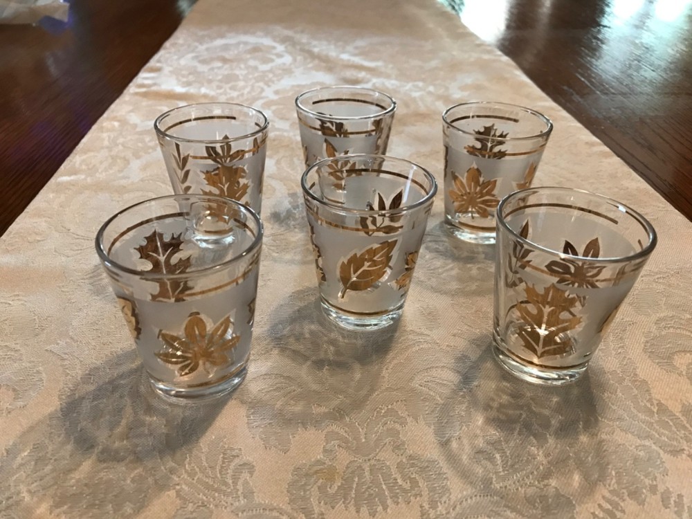 Vintage Libbey Golden Foilage Gold Leaf Frosted Shot Glasses MCM Set of 6 OR 4