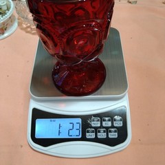 Vintage L.G. Wright Red Glass Water Goblet Pedestal Stars Thumbprint Thick 6″