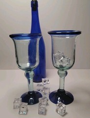Set of 2 Hand Blown Cobalt Rim Glass Water/Wine Goblets Cobalt *Read⤵️*