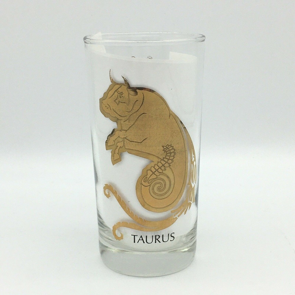 1960s TAURUS Zodiac 22K Gold Leaf HIGHBALL Glass Tumbler Horoscope ANCHOR H.