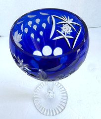 Czech Bohemian Crystal Cobalt Blue Cut To Clear Stem Stemware Wine Glasse 8 1/8″