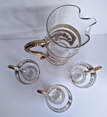 Vintage Russian Martini Cocktail Set Pitcher and 3 Handled Glasses