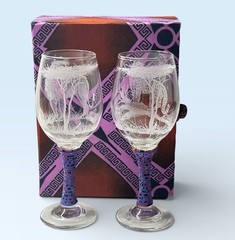 Pair Handmade Etched African Wildlife Wine Glasses Beaded Stems Decorative Box