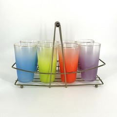 Vintage Blendo Highball Tumbler Glass Set Of 8 and Metal Caddy Carrier MCM