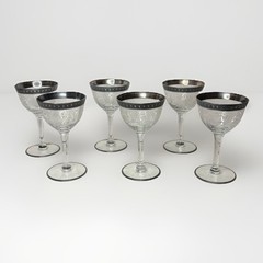 Vintage Etched Sherry Cordial Glasses Floral Silver Rim Cocktail Stemware Set