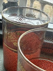 Vintage Mid Century Barware Glasses Textured Red With 14k Gold Trim & Design