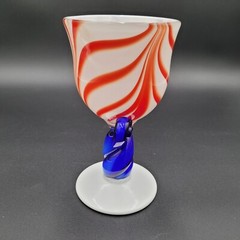 Hand Blown Art Glass Goblet Red White and Blue 7.5″ Tall