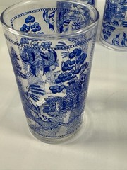 6 Vtg Blue Willow Glass Tumblers Highball Drinking Juice Glasses Stitched Border