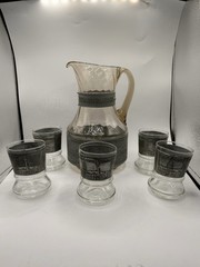 Vintage Silver Pewter Etched Wine Pitcher Ewer Warszawa Smoky Glass W/5 Glasses