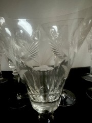 VTG 50s HAND CUT PANEL ETCHED KNOB STEM 9”H WINE SHERRY GLASSES SET OF 11 READ