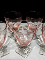 SET OF 7 – Central Glass Works 1451 Pink Glass Panel Optic 5.5″ Footed Tumblers