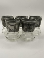 Vintage Silver Pewter Etched Wine Pitcher Ewer Warszawa Smoky Glass W/5 Glasses