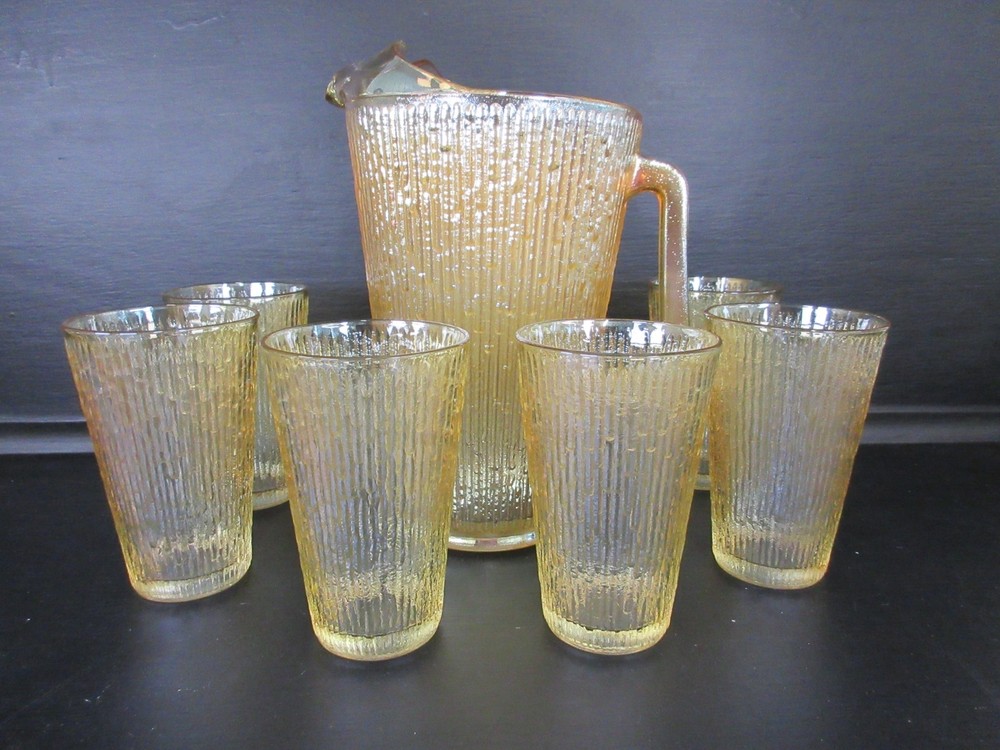 Vintage Pitcher & Glasses Set Tree Bark Variant MCM 1960’s Jeannette Glass 7pc