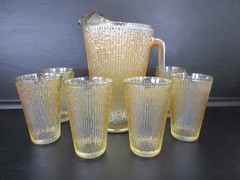 Vintage Pitcher & Glasses Set Tree Bark Variant MCM 1960’s Jeannette Glass 7pc