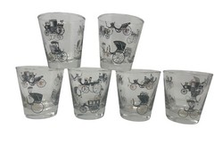 Vintage Libbey Horseless Carriage Whiskey Tumbler Set 6 Low Ball Barware Glasses