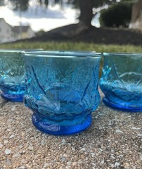 Anchor Hocking Laser Blue Rainflower 3 1/8″ Old Fashion Juice MCM – Set of 4