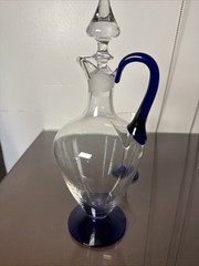 Vtg Mcm Wine Pitcher Clear And Cobalt Blue With Applied Handle &1 Cordial Glass