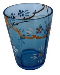 Vintage Enamel Hand‑Painted Glass Tumbler Blue Daisy Vine Design