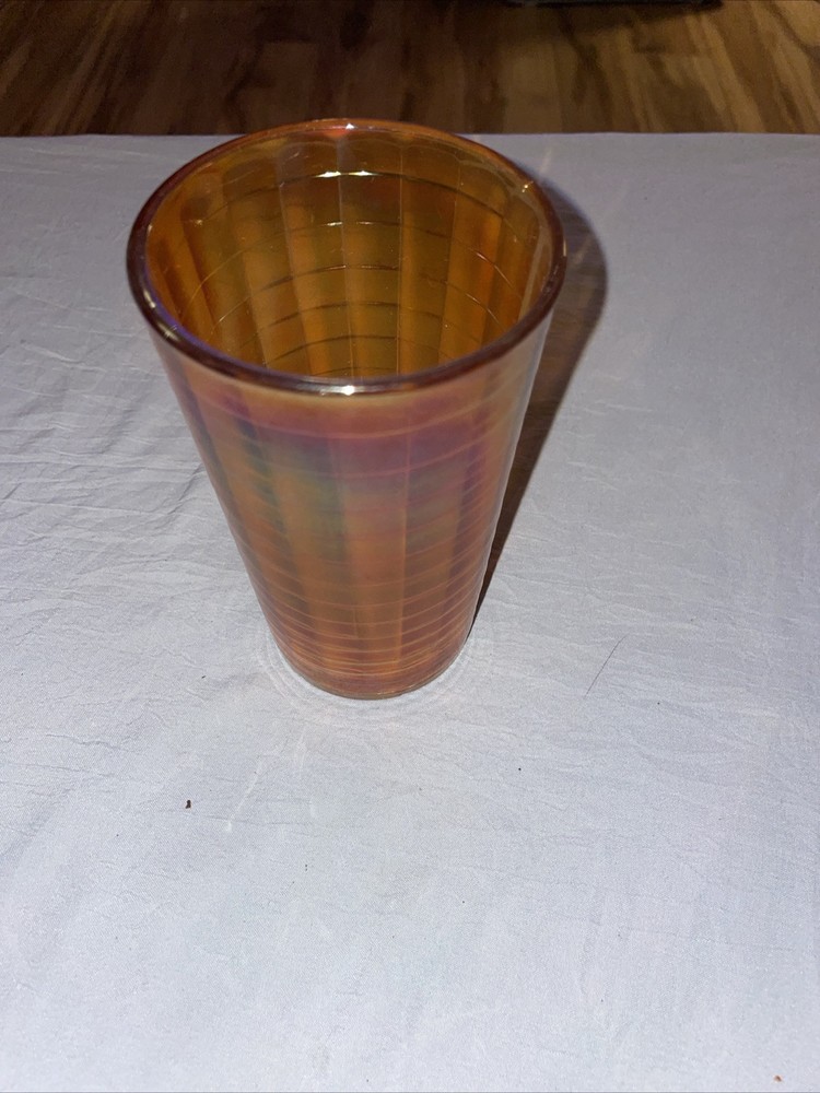 Antique Marigold Carnival Glass Iridescent Water Glass Grid Banded 12oz 1970’s