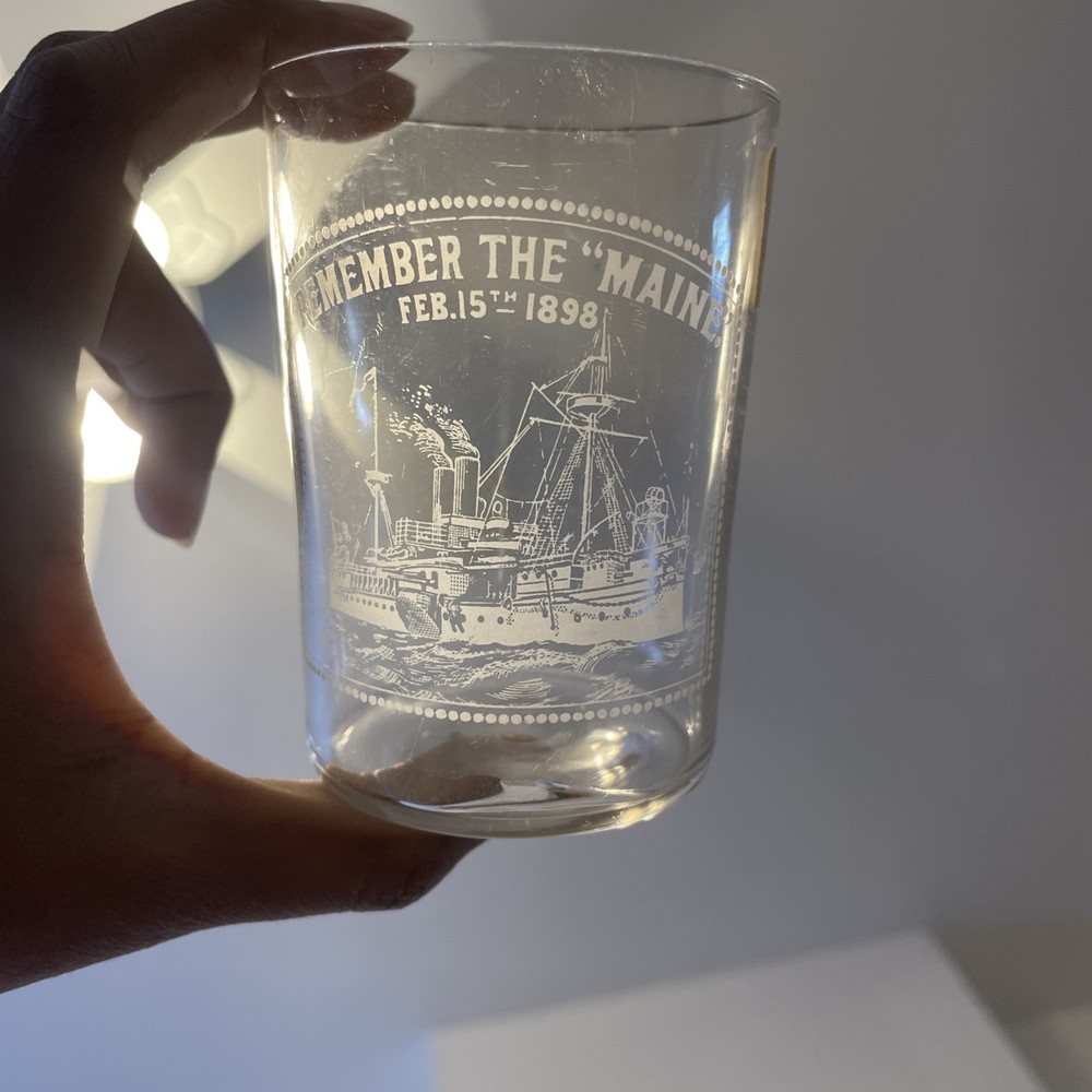Etched Glass Remember the Maine Tumbler Feb 15th 1898 Clear