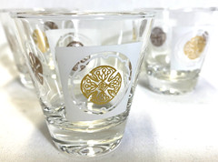 Set of 19 Gorgeous MCM White/Gold Medallion Glasses: Highball/Whisky/Shot Glass