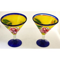 Pair Hand Painted Floral Margarita Glasses Blue Rim Yellow Mexican Style Set 2