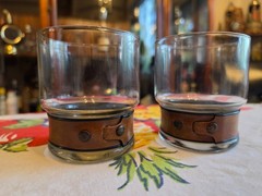 Vintage Mid Century Leather Banded Old Fashioned Whiskey Rocks Glass Pair 3.5″