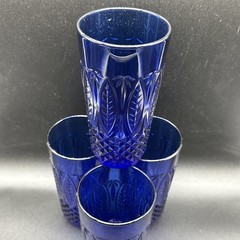 (4) Arcoroc Royal Sapphire Cobalt Blue Beverage Glasses Palm Leaf France 14oz