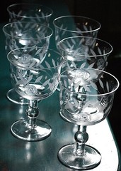 Vintage Set 6 HAND CUT Wine Glasses Ball Stem GREY CUT ROSES w LEAVES 4.5″