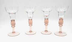 Elegant Vtg. Set of 4 MCM Hand Blown Glass Cordials Clear with Pink Stem & Base