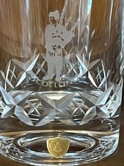 Pair Burns Crystal Scotch Whisky Tumblers Hand Cut Plaid & Etched Scotsman Logo