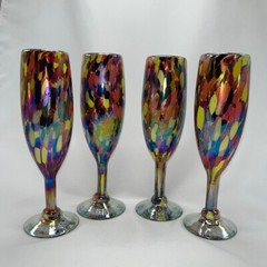 Hand Blown Mexican Art Glass Champagne Flute Iridescent Multicolor Confetti