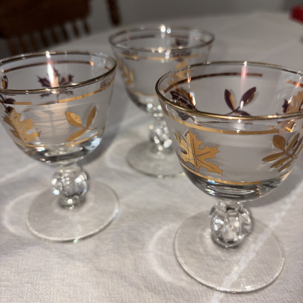 Vintage 3 Libbey Frosted Gold Leaf Cordial Ball Stem Glasses 1960’s MCM