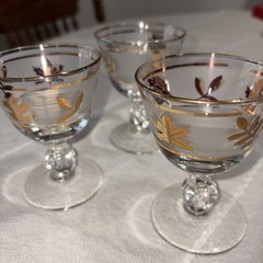 Vintage 3 Libbey Frosted Gold Leaf Cordial Ball Stem Glasses 1960’s MCM