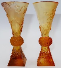 Liuligongfang Art Glass, Amber Ball Stem Square Base Glass 5 7/8″ Set of 2 CHIPS