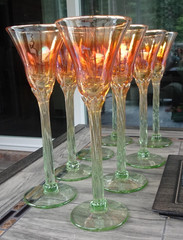 Lot 8 Signed Rick Strini Studio Art Glass Tulip Wine Goblets Marigold Iridescent