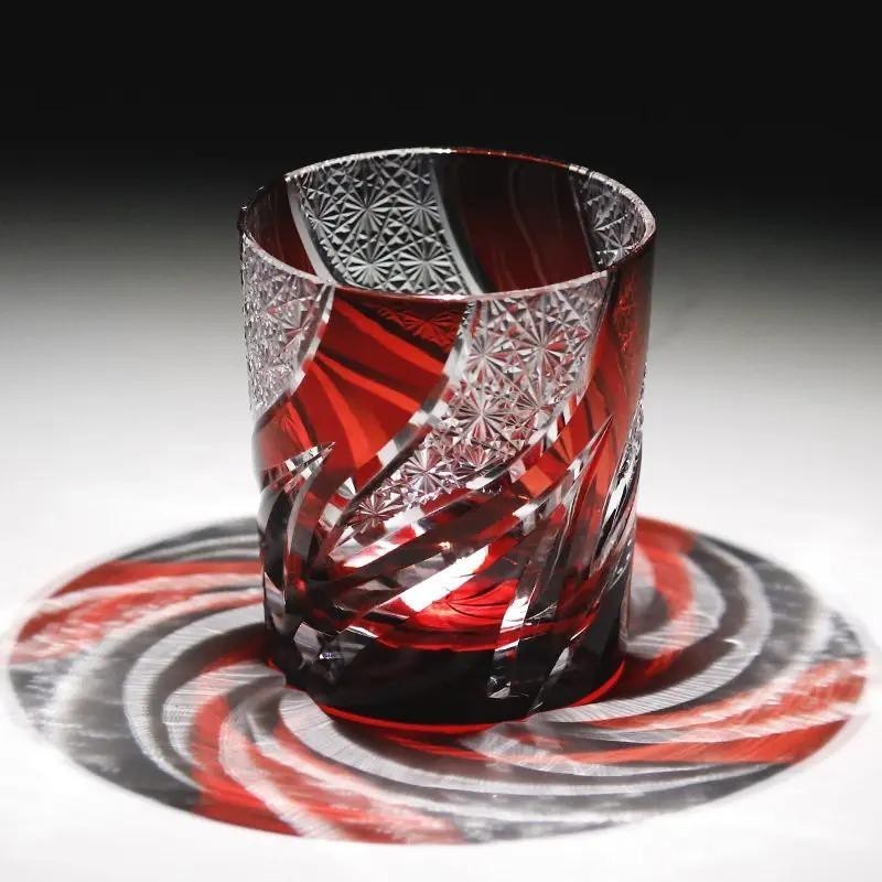 Red Crystal Whiskey Glasses Hand Carved Glassware Vodka Wine Tumbler Edo Kiriko