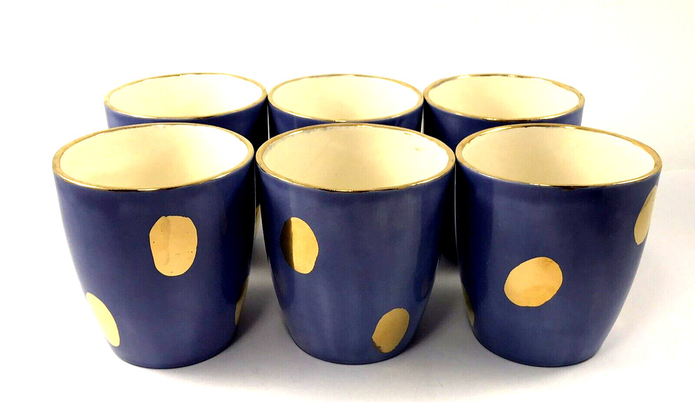 Holland Mold Blue Ceramic Cups Gold Trim and Polka Dots (6) 3.25″ H Hobby Piece