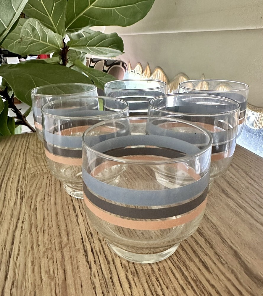 Vintage MCM Set Of 6 Striped Blue And Pink Glasses/cups- Approx Height: 3.5in