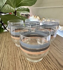 Vintage MCM Set Of 6 Striped Blue And Pink Glasses/cups- Approx Height: 3.5in
