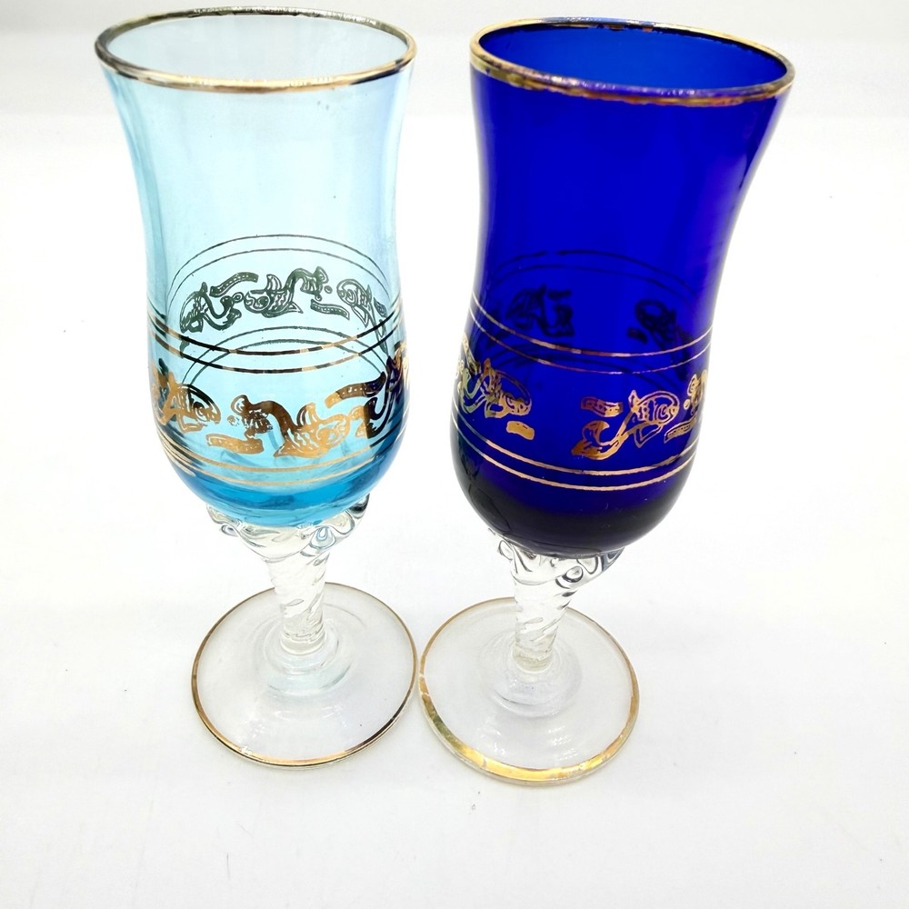 Cordial Glasses Set 2 Kamenicky Senov Czech Cobalt Aqua Gold Gilt Twist