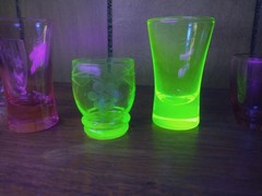 Set of 7 Diff Depression Glass Shot Glasses etched grapes vine floral swirl tall