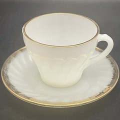 Fire King Milk Glass 22Kt Gold Trimmed Swirl Cup and Saucer 1949-62 Made in USA