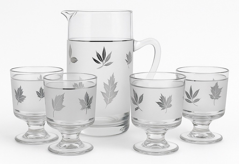 Atomic Era MCM Silver Leaf Frosted Glass Pitcher +4 Goblets VTG Cocktail Bar Set