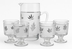 Atomic Era MCM Silver Leaf Frosted Glass Pitcher +4 Goblets VTG Cocktail Bar Set