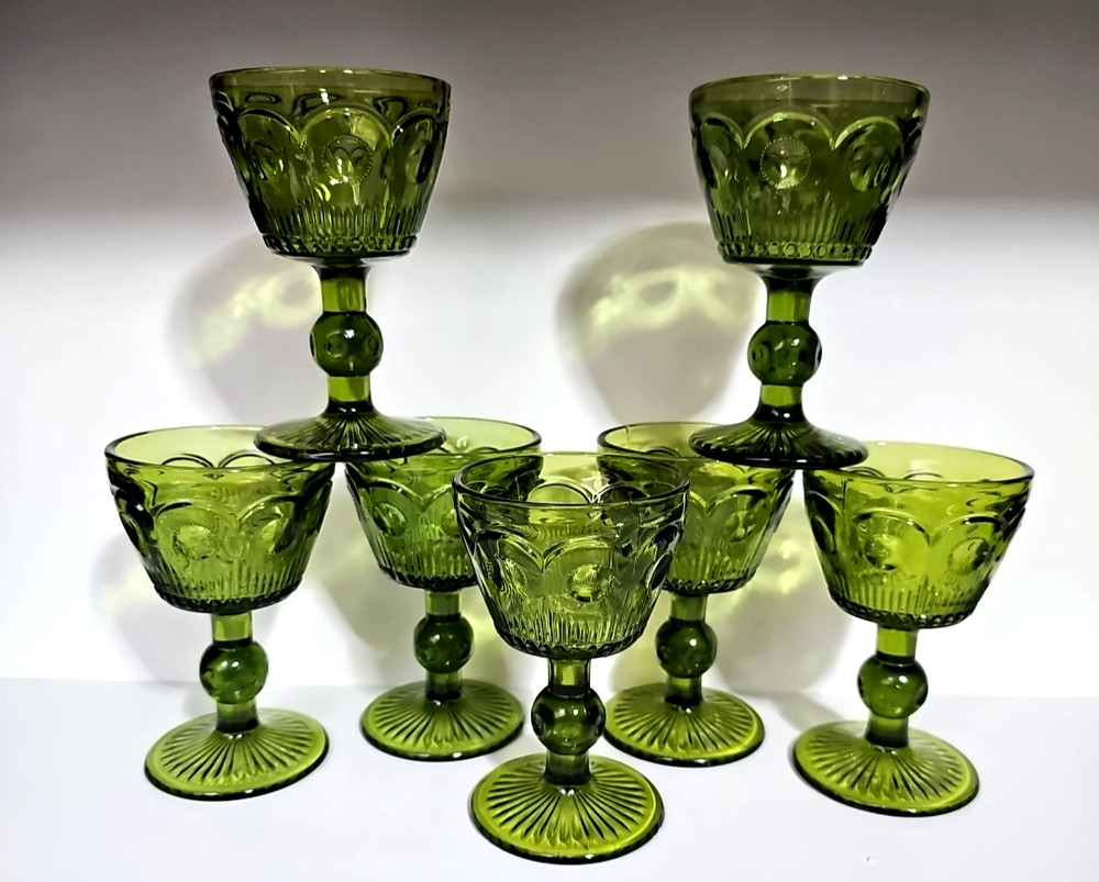 8 Bartlett Collins Bullseye Cane Wine Stemmed St Genevieve Green Rare HTF EUC