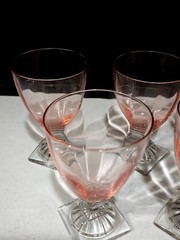 SET OF 7 – Central Glass Works 1451 Pink Glass Panel Optic 5.5″ Footed Tumblers